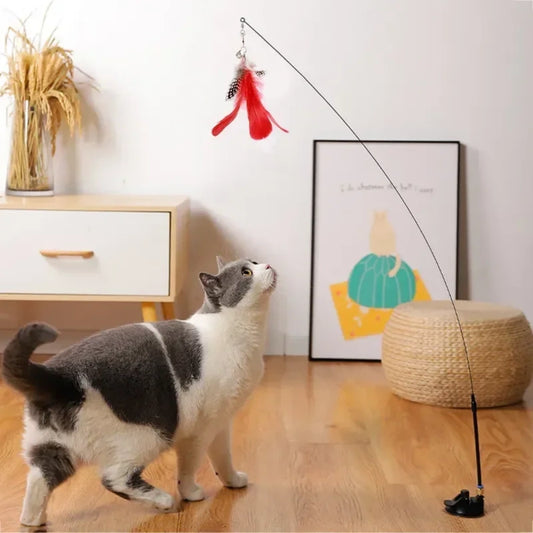 Interactive Cat Toy Feathers Wand with Super Suction Cup_0