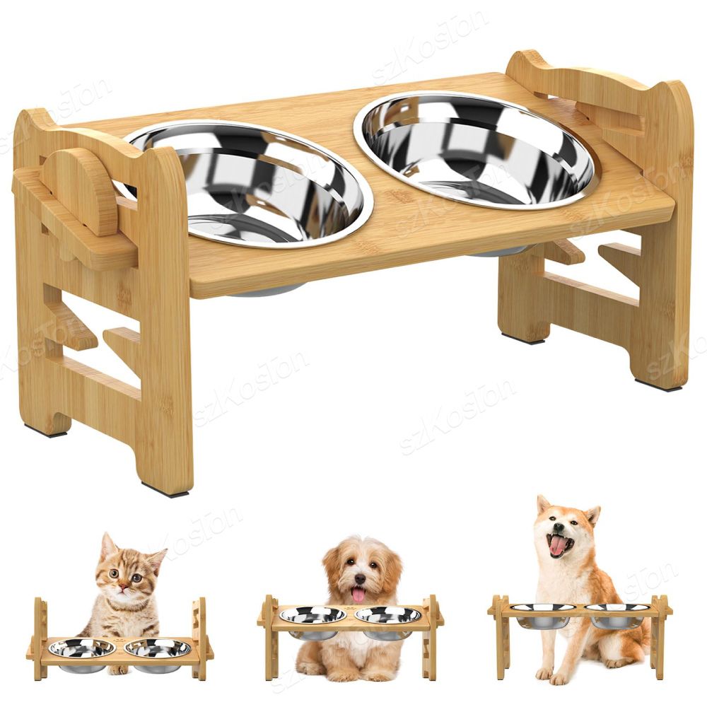 Adjustable Bamboo Elevated Dog Bowls with Stainless Steel Food Bowls_3