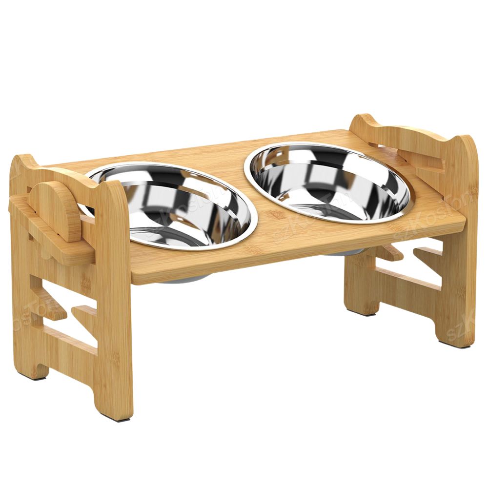 Adjustable Bamboo Elevated Dog Bowls with Stainless Steel Food Bowls_4