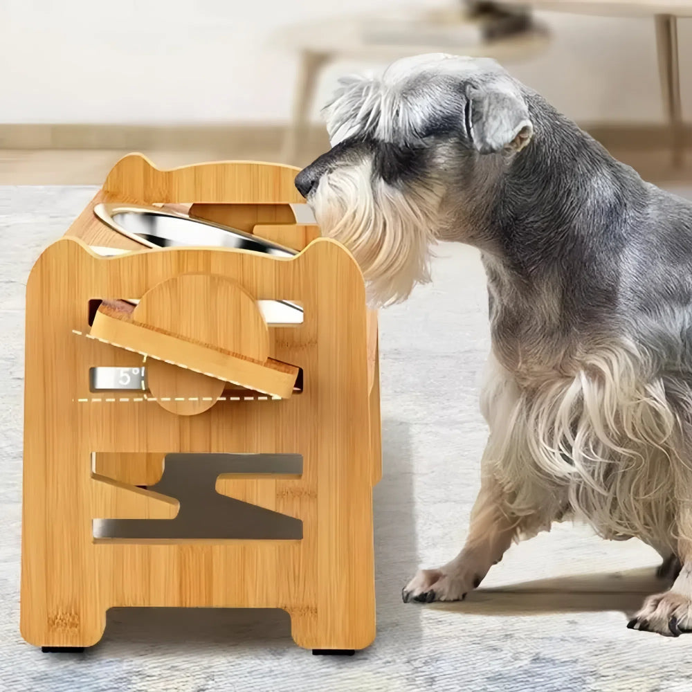 Adjustable Bamboo Elevated Dog Bowls with Stainless Steel Food Bowls_1