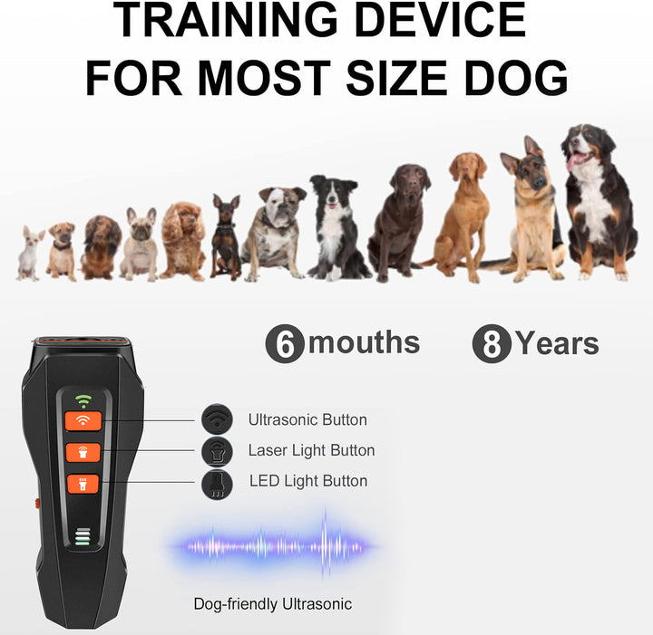 Grey And Orange Ultrasonic Dog Bark Control Device, Rechargeable Dog Trainer with LED Flashlight, Portable Anti-Barking Tool